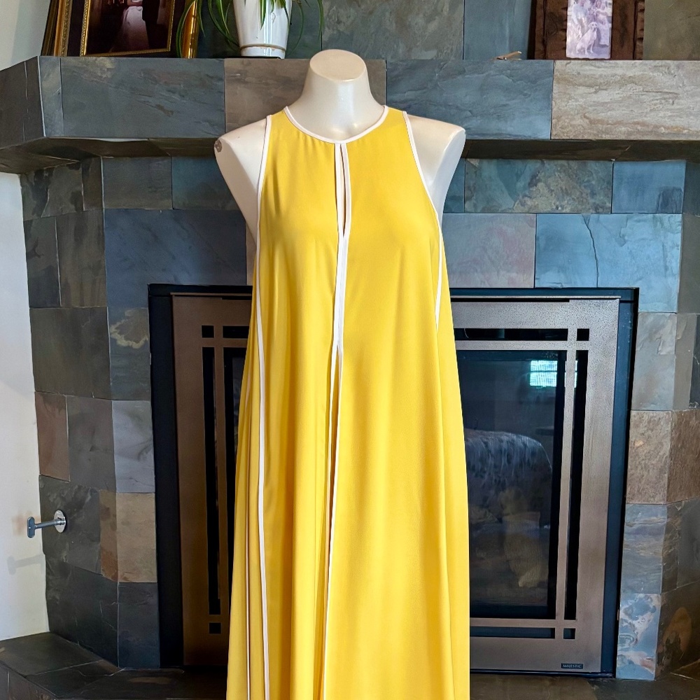 ME+EM Mod 70s Style Yellow White Piping Hostess Maxi Trapeze Dress S-M